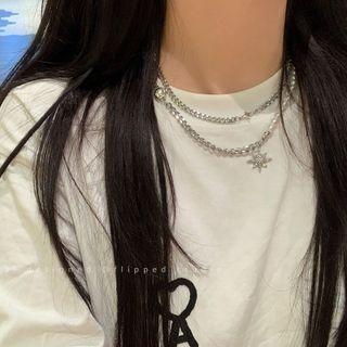 Faux Pearl Rhinestone Star Layered Necklace White & Silver - One Size