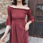 Off Shoulder Elbow-sleeve A-line Midi Dress