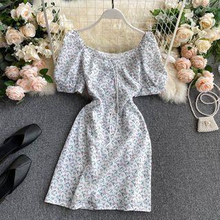 Flower Print Short-sleeve A-line Dress White - One Size
