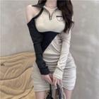 One-shoulder Zip-up Drawstring Panel Sheath Dress