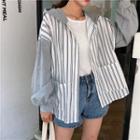 Long-sleeve Striped Paneled Hooded Buttoned Top