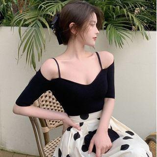 Off-shoulder Knit Cropped Top Black - One Size