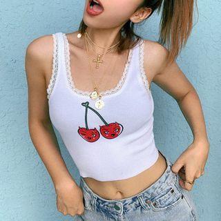 Cherry Print Lace Trim Tank Top