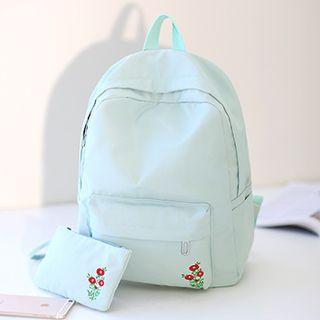 Set: Embroidered Nylon Backpack + Pouch