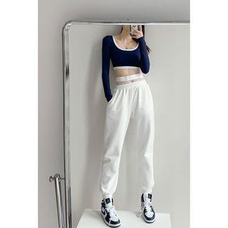 Fishnet-waistline Plain Sweatpants
