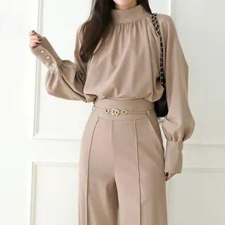 Bishop-sleeve Mock-neck Blouson Top