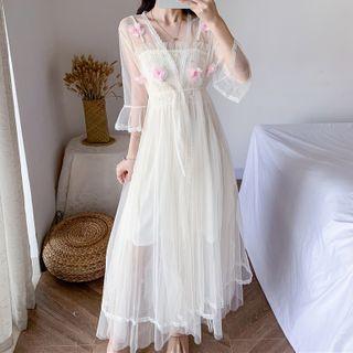 Set: Spaghetti Strap Floral Embroidered Midi Mesh Dress + Balloon-sleeve Jacket