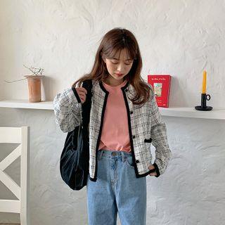 Piped Plaid Tweed Cardigan