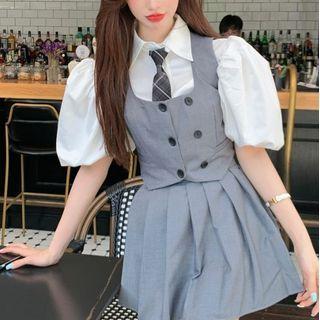Short-sleeve Tie Neck Shirt / Vest / Mini A-line Skirt