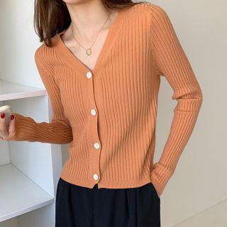 Long-sleeve V-neck Single-breasted Button Loose Fit Knit Top