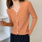 Long-sleeve V-neck Single-breasted Button Loose Fit Knit Top