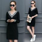 Contrast Trim Long-sleeve V-neck Dress