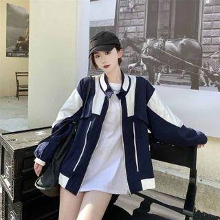 Two Tone Zipped Jacket Navy Blue & White - One Size