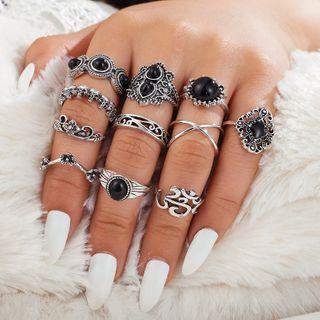 Set Of 11: Retro Alloy Ring (assorted Designs) 10057 - Black Rhinestone - Silver - One Size