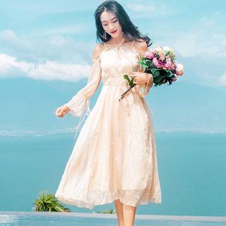 Long-sleeve Cold Shoulder Chiffon A-line Midi Dress