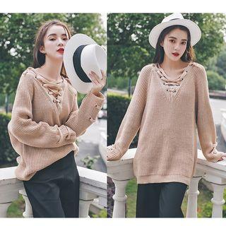 Lace Up Front Chunky Knit Sweater