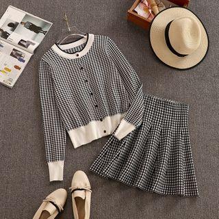 Set: Houndstooth Cardigan + A-line Skirt Black - One Size