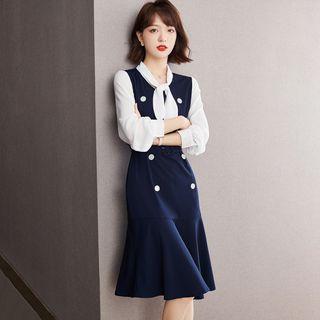 Long-sleeve Two-tone Ruffle Hem Sheath Dress
