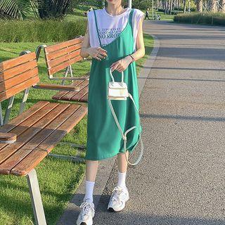 Sleeveless T-shirt / Asymmetrical Midi Sheath Overall Dress