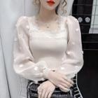 Long-sleeve Square-neck Mesh Panel Knit Top