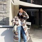 Double-breasted Plaid Coat Light Beige - One Size