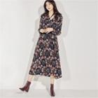 Tie-waist Floral Pattern Long Shirtdress With Tie