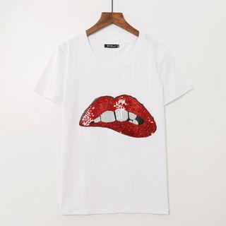 Lips Sequined Short Sleeve T-shirt