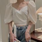 Puff-shoulder V-neck Lace-up Top White - One Size