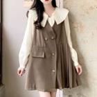 Set: Puff-sleeve Blouse + Double-breasted Overall Dress