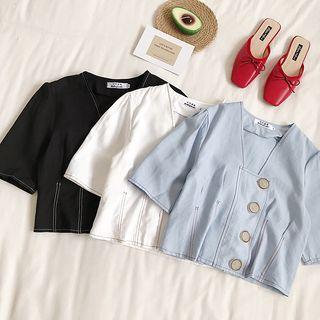 Stitched Buttoned Short-sleeve Cropped Top
