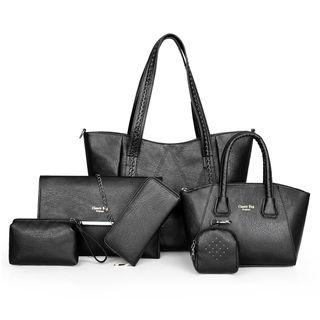 Set Of 6: Faux Leather Tote Bag + Crossbody Bag + Long Wallet + Pouch