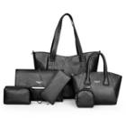 Set Of 6: Faux Leather Tote Bag + Crossbody Bag + Long Wallet + Pouch