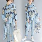 Flower Print High Low Shirt Blue - One Size