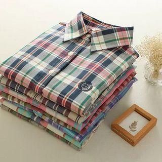 Embroidered Plaid Long-sleeve Blouse