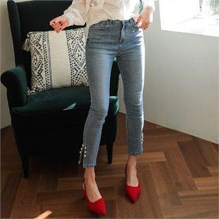 Faux-pearl Slit-side Slim-fit Jeans