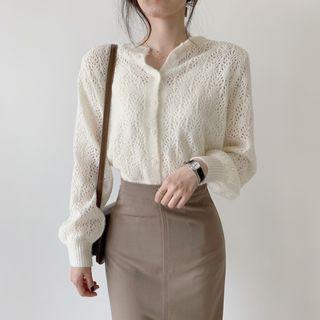 Long-sleeve Buttoned Pointelle Knit Top