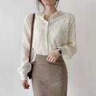 Long-sleeve Buttoned Pointelle Knit Top