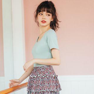 Set: Short-sleeve Swimsuit + Floral Print Swim Skirt