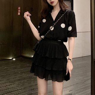 Set: Short-sleeve Dotted Shirt + A-line Layered Skirt