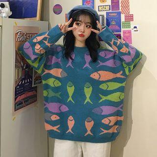 Long-sleeve Fish Embroidered Knit Top
