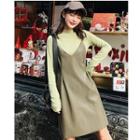 Set: Long-sleeve Mock Neck T-shirt + Spaghetti Strap Faux Leather Dress