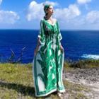 Patterned Long-sleeve Maxi A-line Dress Green - One Size