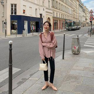 Tie-waist Bishop-sleeve Textured Shirt