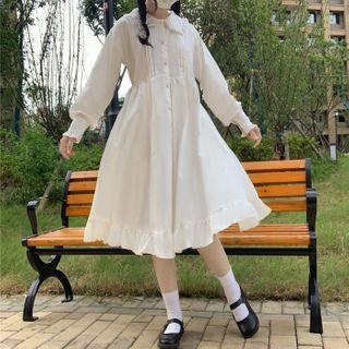 Long-sleeve Frill Trim A-line Midi Shirtdress