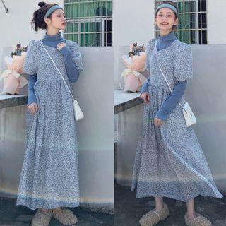 Floral Short-sleeve Dress / Plain Turtle-neck Long-sleeve Top
