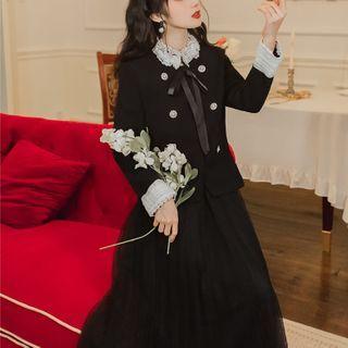 Set: Double-breasted Lace Collared Blouse + Midi Mesh Skirt