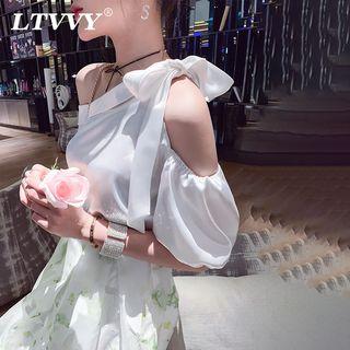 Bow Accent Cold Shoulder Elbow-sleeve Blouse