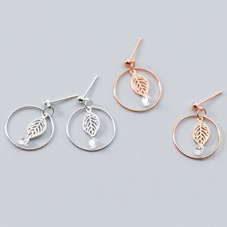 925 Sterling Silver Rhinestone Leaf Hoop Earring