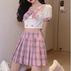 Short-sleeve Sailor Collar Crop Top / Plaid Pleated Mini A-line Skirt / Set