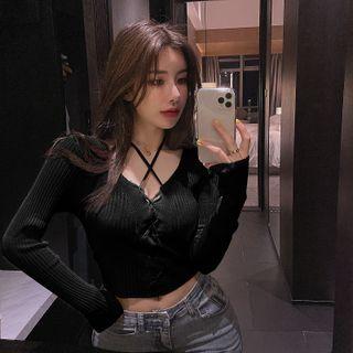 Long-sleeve Halter-neck Lace-up Knit Crop Top